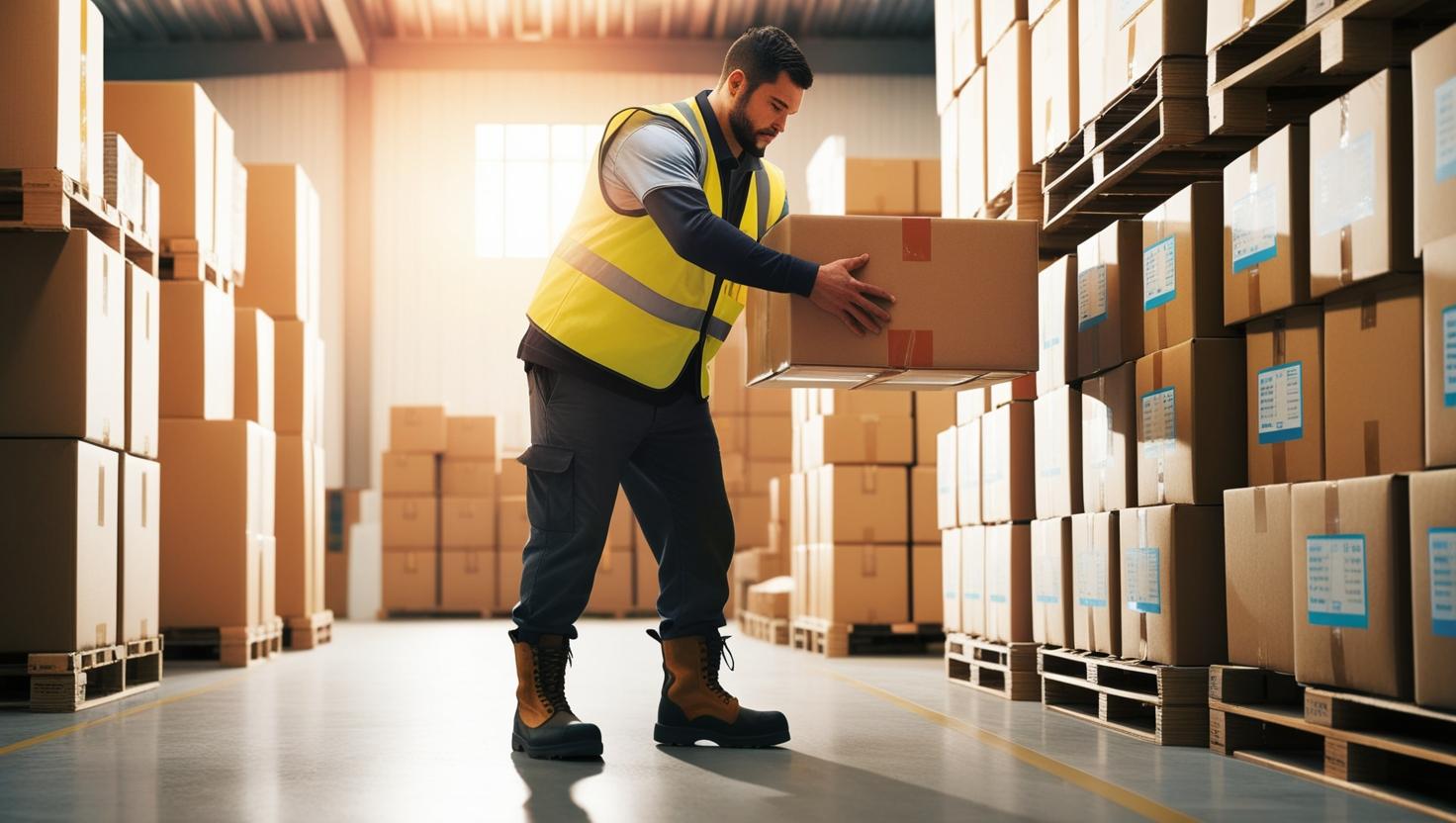 Warehouse operative working in a large distribution centre