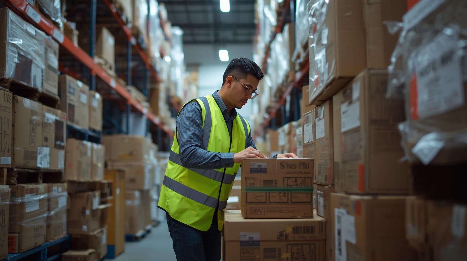 Warehouse assistant checking inventory on a tablet