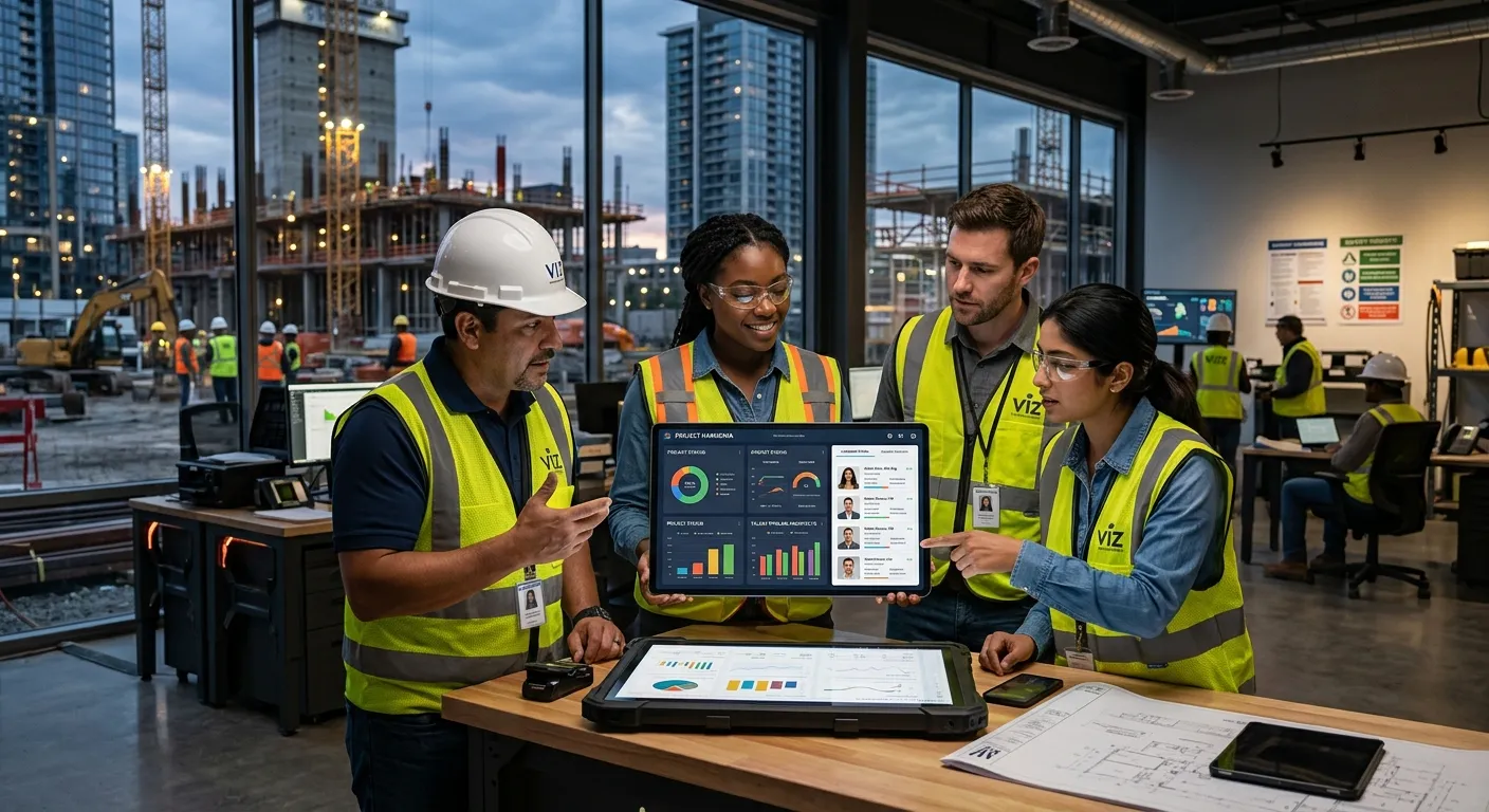A modern, diverse team of construction and industrial professionals collaborating on a digital tablet showing analytics dashboards and candidate profiles. The mood is futuristic, collaborative, and data-driven, with a clean, professional aesthetic.