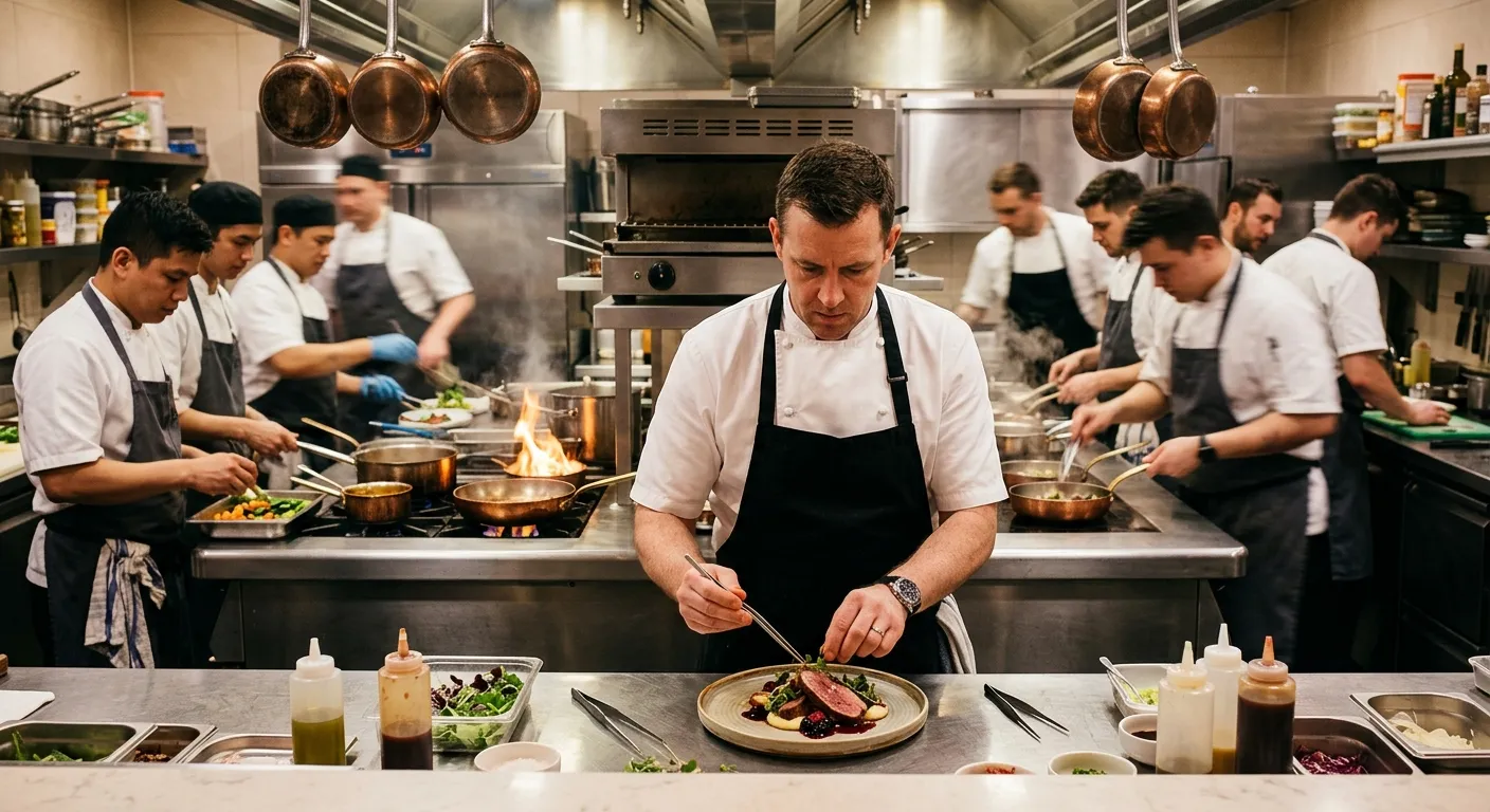 A professional, high-energy kitchen scene. A head chef in crisp whites is plating a gourmet dish, surrounded by a busy, well-equipped kitchen brigade. Mood: Authoritative, aspirational, and professional.