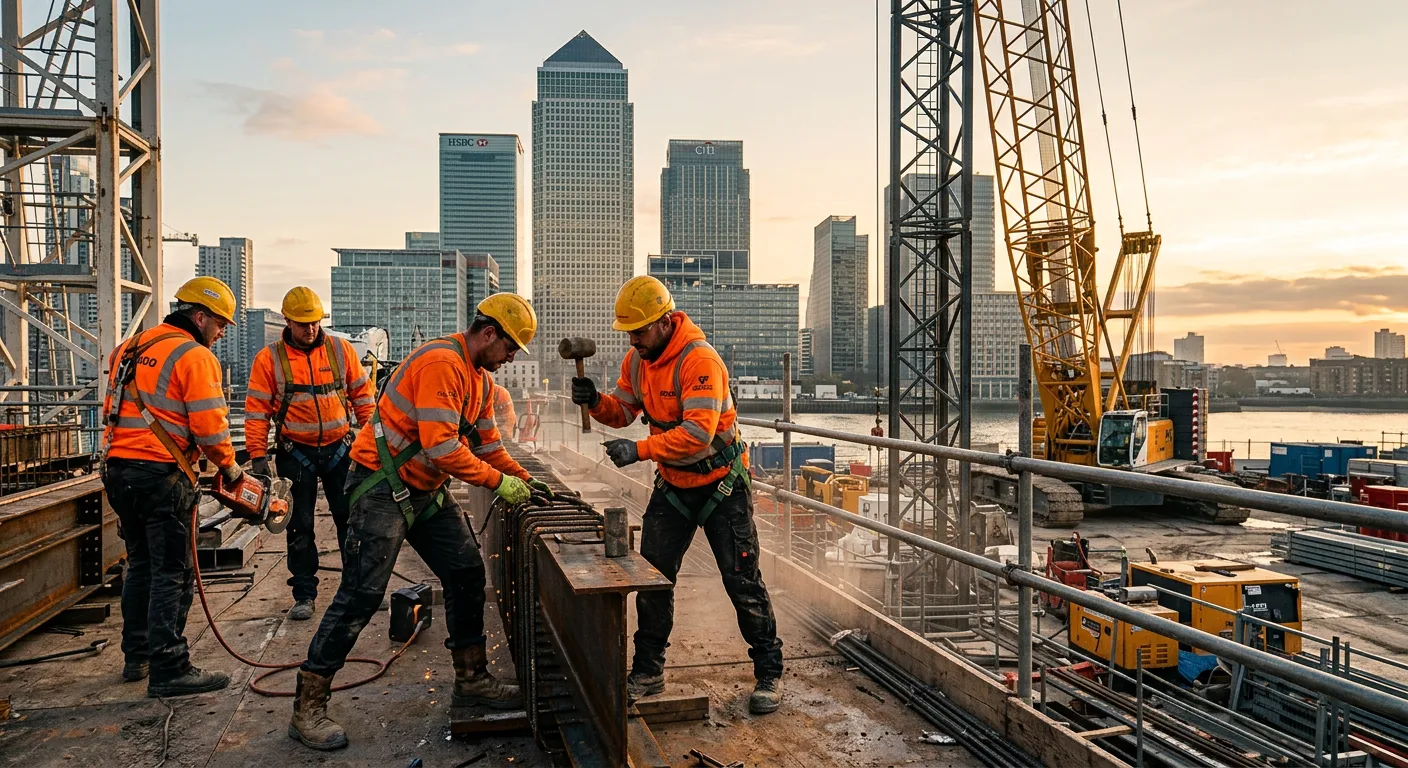 Professional photo of construction workers in high-vis gear against the modern backdrop of Canary Wharf skyscrapers, early morning light, action-oriented mood