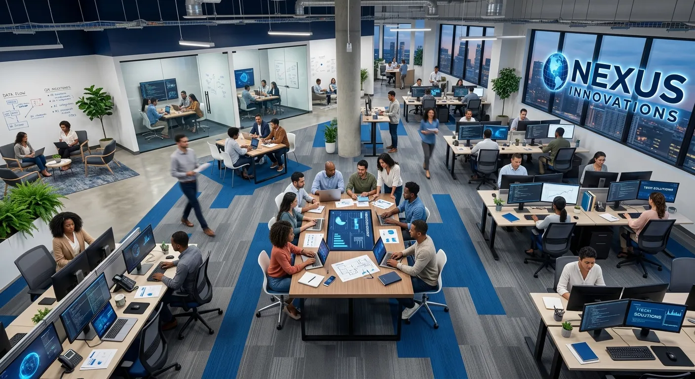 A modern, dynamic office environment with diverse professionals collaborating, viewed from above. The style is sharp, tech-focused, with a blue and neutral color palette, conveying efficiency and innovation.