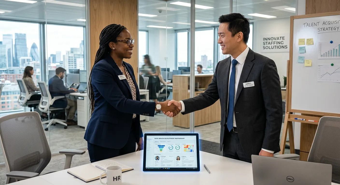 A professional, modern office environment where a diverse HR manager and a business executive are shaking hands over a digital tablet displaying analytics and candidate profiles, symbolizing partnership and data-driven recruitment outsourcing.