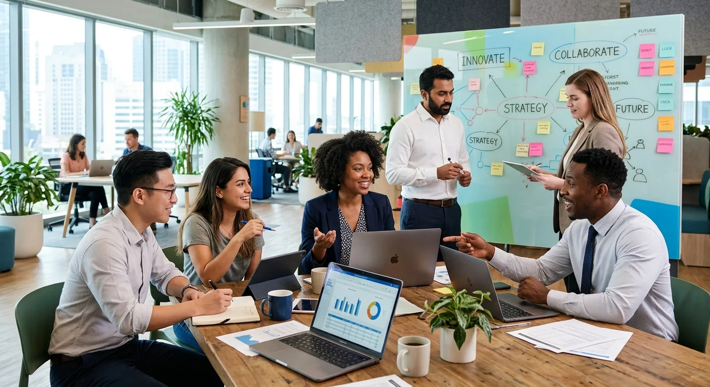 A diverse group of modern professionals collaborating in a bright, innovative workspace. Style: High-resolution, vibrant, and professional. Mood: Dynamic, forward-thinking, and collaborative.