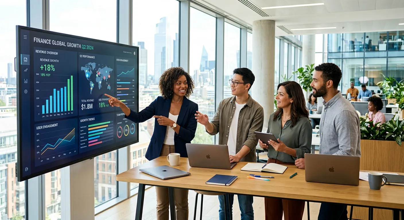 A modern, diverse team of professionals collaborating in a bright, sunlit office, looking at a data... A modern, diverse team of professionals collaborating in a bright, sunlit office, looking at a data dashboard on a large screen. Style is professional, aspirational, and forward-looking.