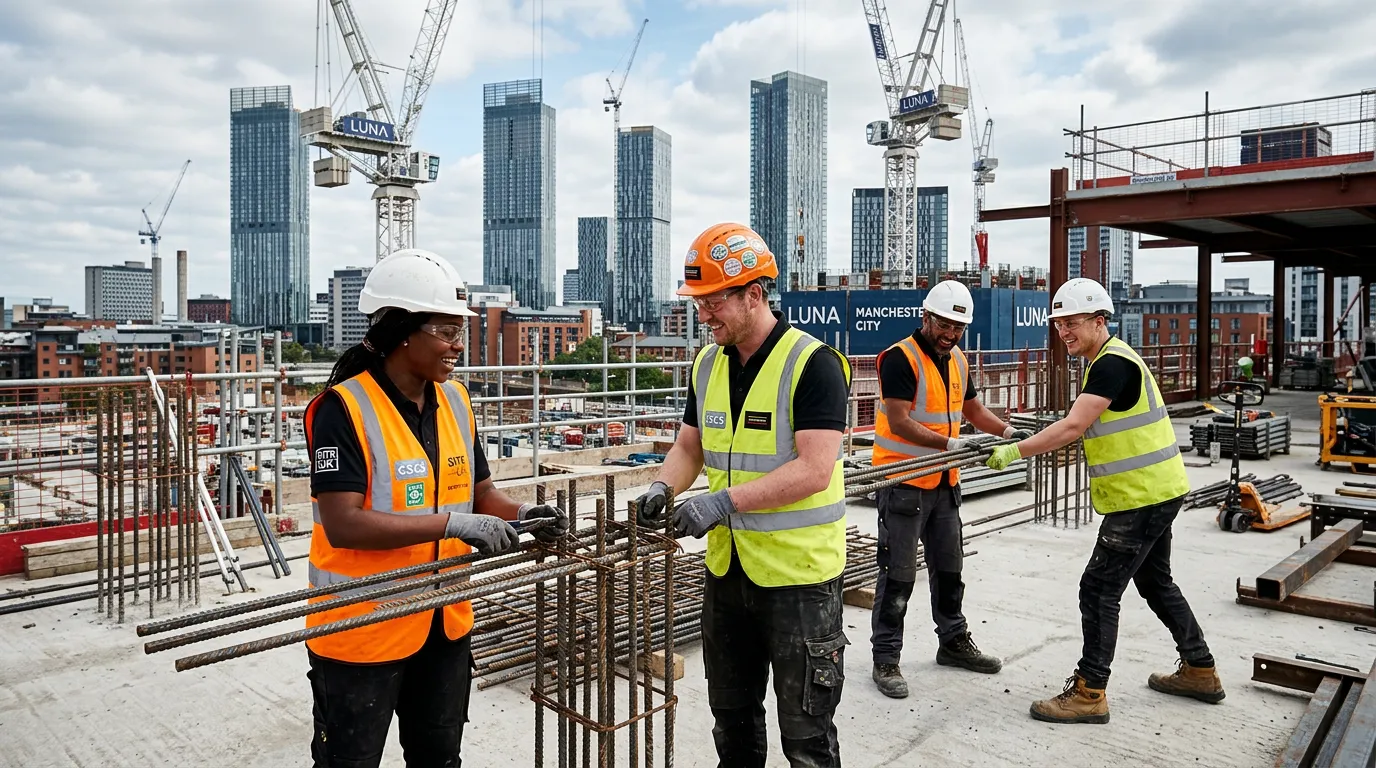 A professional, action-oriented hero image showing a diverse team of CSCS-certified labourers in hig... A professional, action-oriented hero image showing a diverse team of CSCS-certified labourers in high-visibility vests working collaboratively on a modern construction site in Manchester, with cranes and cityscape in the background. Focus on safety gear, teamwork, and a dynamic, productive atmosphere.