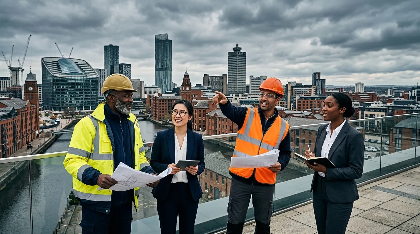 A dynamic, professional hero image showing the Manchester skyline blending with a diverse group of construction workers and office professionals in high-vis and business attire, looking confident and collaborative. Moody, slightly desaturated tones with a focus on sharp details.