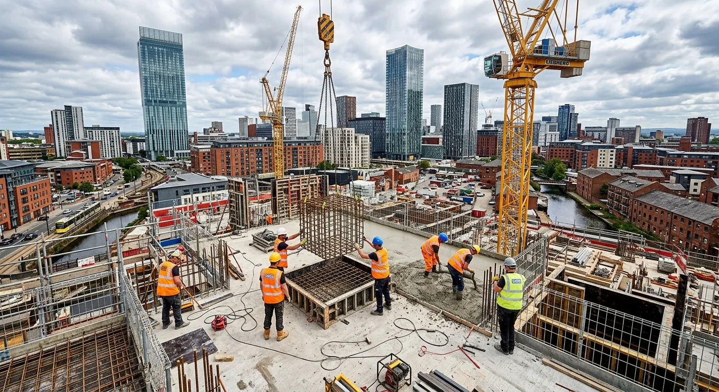 A dynamic, high-angle shot of a modern construction site in Manchester city centre, featuring CSCS-labourers in high-visibility vests working collaboratively against a backdrop of iconic new developments, under a bright but cloudy Manchester sky. Professional, vibrant, and energetic mood.