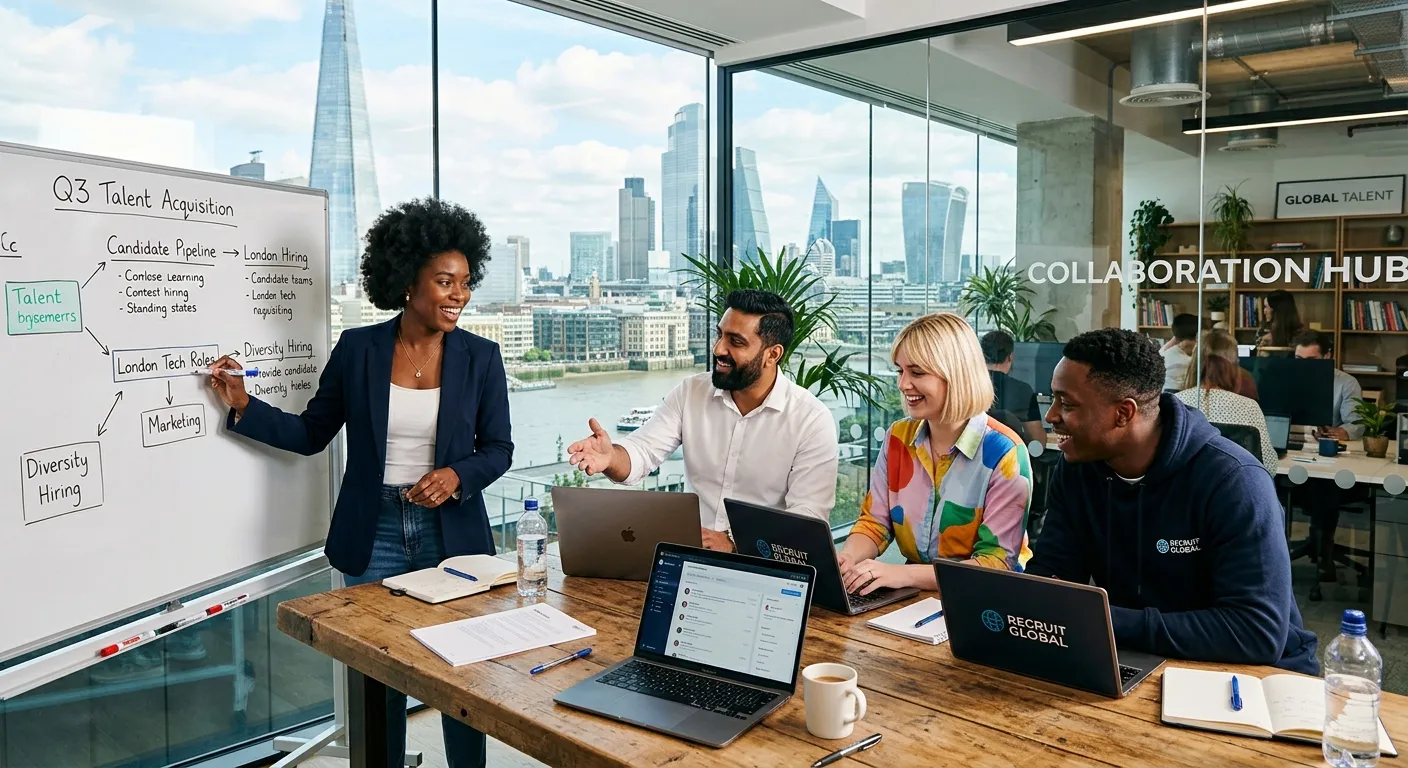 A dynamic, professional hero image showing a diverse group of recruitment consultants and HR professionals in a modern London office setting, collaborating over laptops and whiteboards, with the London skyline visible through a window. Style: professional, energetic, inclusive.