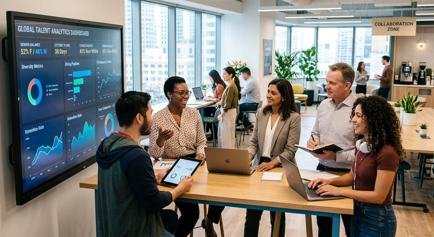 A modern, diverse team of professionals collaborating in a bright, open-plan office, looking at a digital dashboard displaying talent analytics and metrics, with a focus on inclusivity and technology-driven collaboration.