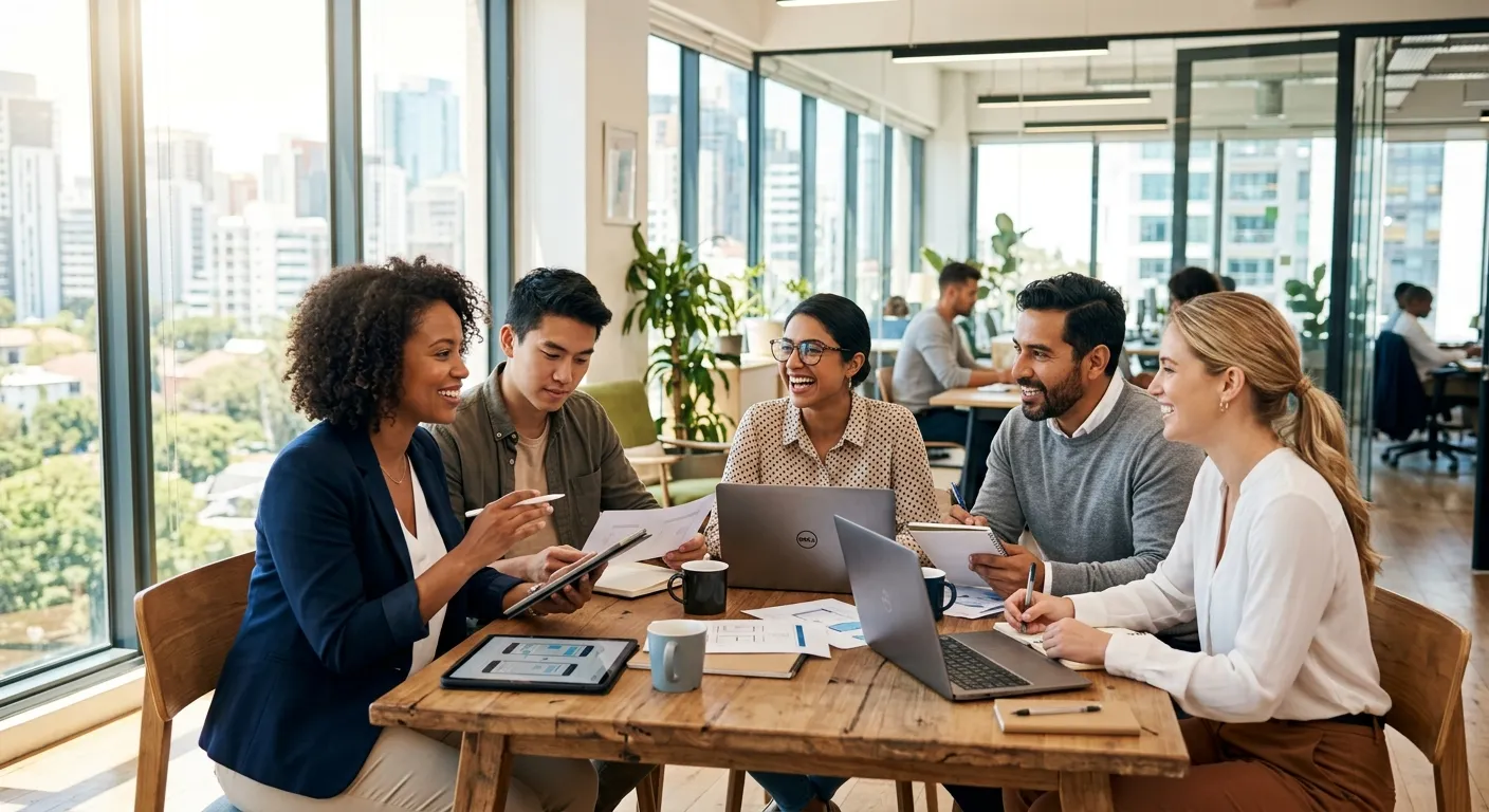 A modern, diverse group of professionals collaborating in a bright, sunlit office, representing successful talent acquisition and team synergy. Style: professional stock photo, high contrast, optimistic mood.