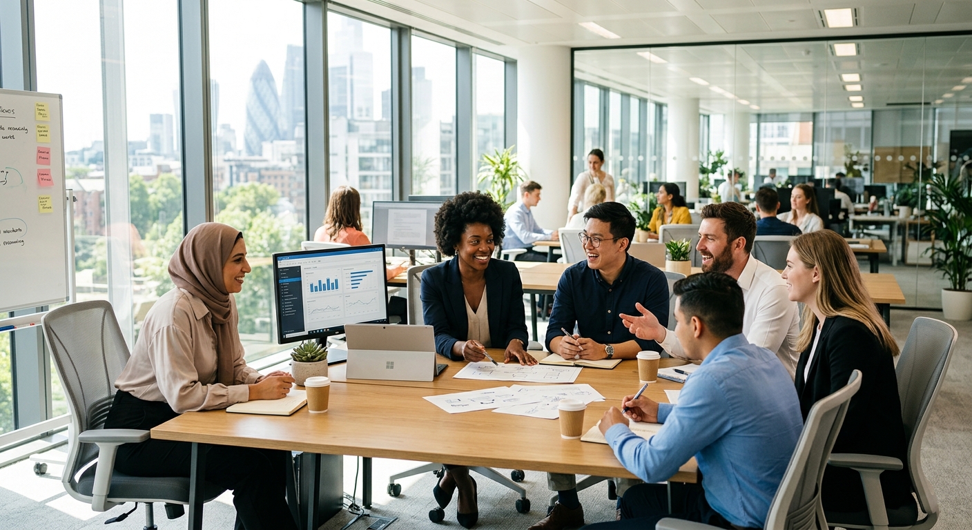 A modern, diverse team of professionals collaborating in a bright, sunlit office, looking engaged and productive. Professional, high-resolution, style is corporate and aspirational.