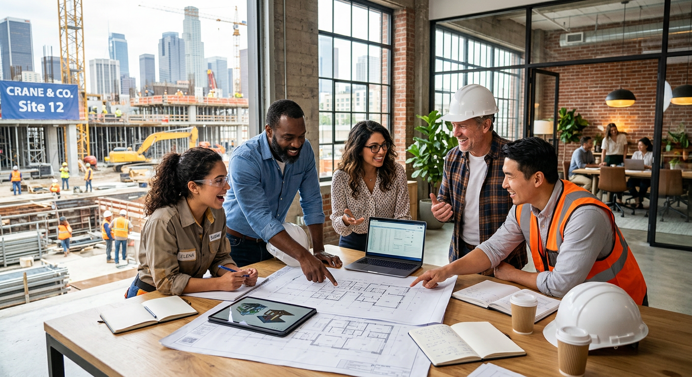 A diverse group of modern professionals collaborating in a bright, sunlit office or on a construction site, looking engaged and innovative. Style: High-resolution, realistic, professional stock photo. Mood: Optimistic, productive, and forward-thinking.