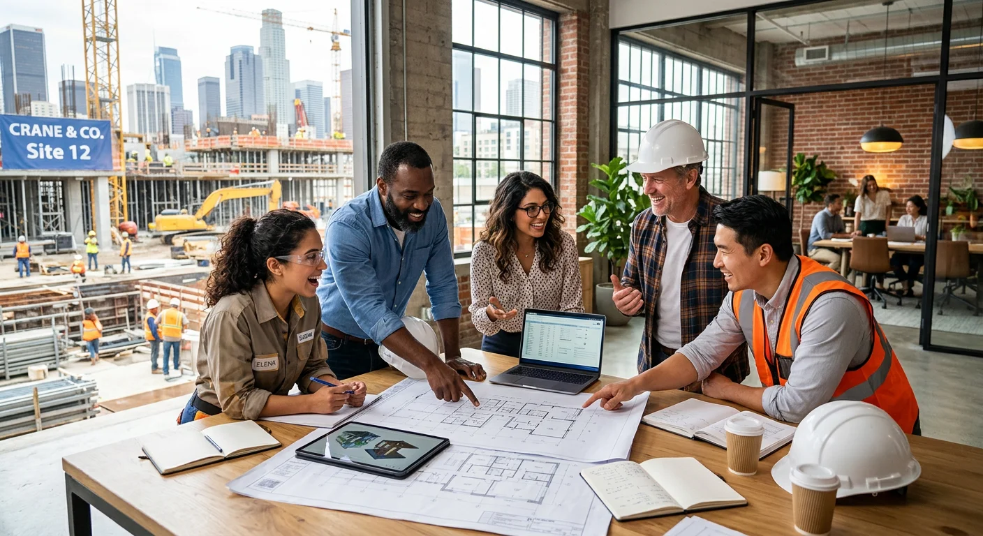 A diverse group of modern professionals collaborating in a bright, sunlit office or on a construction site, looking engaged and innovative. Style: High-resolution, realistic, professional stock photo. Mood: Optimistic, productive, and forward-thinking.