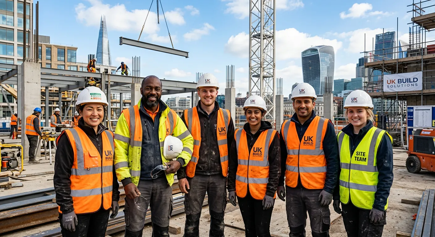 A diverse group of construction labourers in high-visibility vests smiling on a bright, active construction site in a UK city, looking directly at the camera, conveying teamwork and opportunity. Photorealistic, professional, inspiring mood.