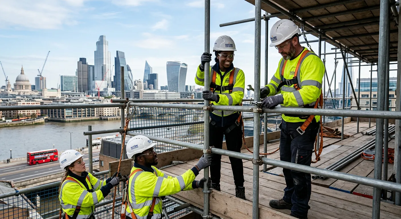 A professional, action-shot of a diverse team of scaffolders at work on a modern London construction site, with iconic city skyline in background. Focus on safety gear and teamwork. Mood: professional, reliable, and dynamic.