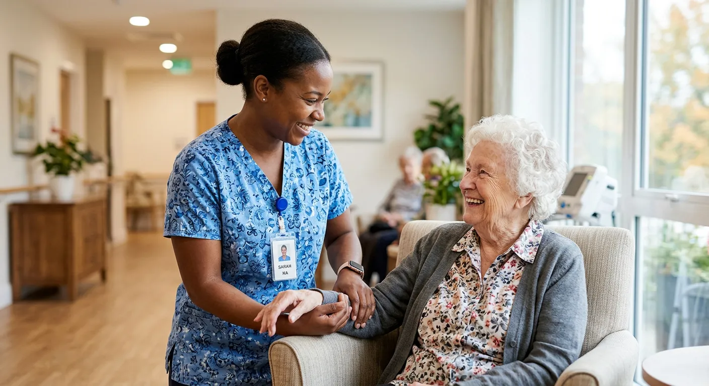 Professional, compassionate portrait of a smiling Nursing Assistant in a clean clinical uniform, ass... Professional, compassionate portrait of a smiling Nursing Assistant in a clean clinical uniform, assisting an elderly patient in a bright, modern care facility. The image should convey trust, care, and a professional healthcare environment.
