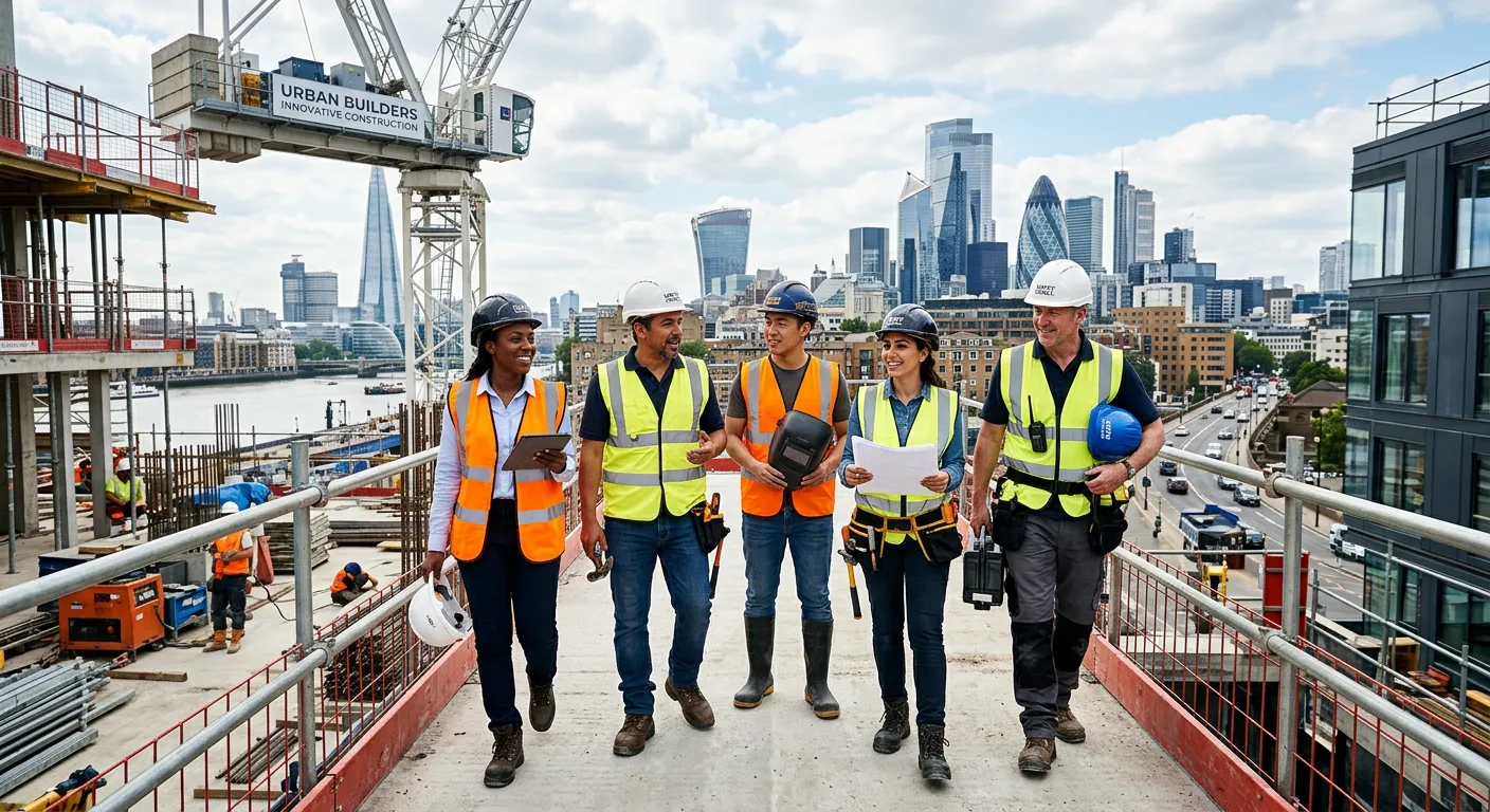 Professional hero image showing diverse workforce in a modern industrial or construction setting in city, with city skyline visible. Mood: energetic, professional, ready-for-work.