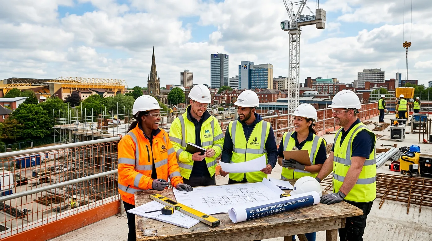 Professional hero image showing a diverse team of construction workers on a busy Wolverhampton build... Professional hero image showing a diverse team of construction workers on a busy Wolverhampton building site, smiling and collaborating, with Wolverhampton skyline visible in the background. Modern, vibrant, and professional style.