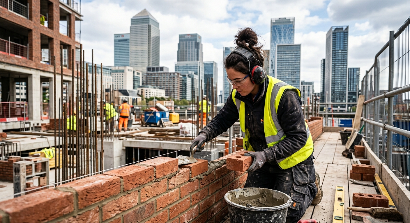 A high-energy, professional shot of a skilled bricklayer at work on a modern London construction site, such as in Shoreditch or Canary Wharf. The bricklayer is focused, laying bricks with precision. The mood is dynamic, productive, and showcases high-quality craftsmanship.