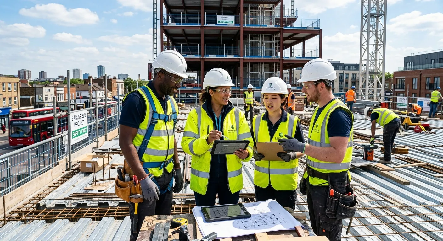 A high-energy, professional photo of a diverse construction team on a modern Earlsfield building sit... A high-energy, professional photo of a diverse construction team on a modern Earlsfield building site, collaborating with a supervisor holding a tablet. Bright daylight, focus on teamwork and efficiency.