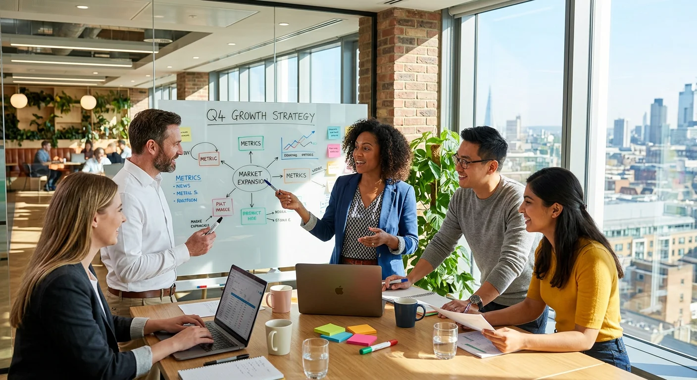 A modern, diverse team of professionals collaborating in a bright, sunlit office. Focus on engagement and strategy. Style: Professional stock photo, bright and optimistic mood.