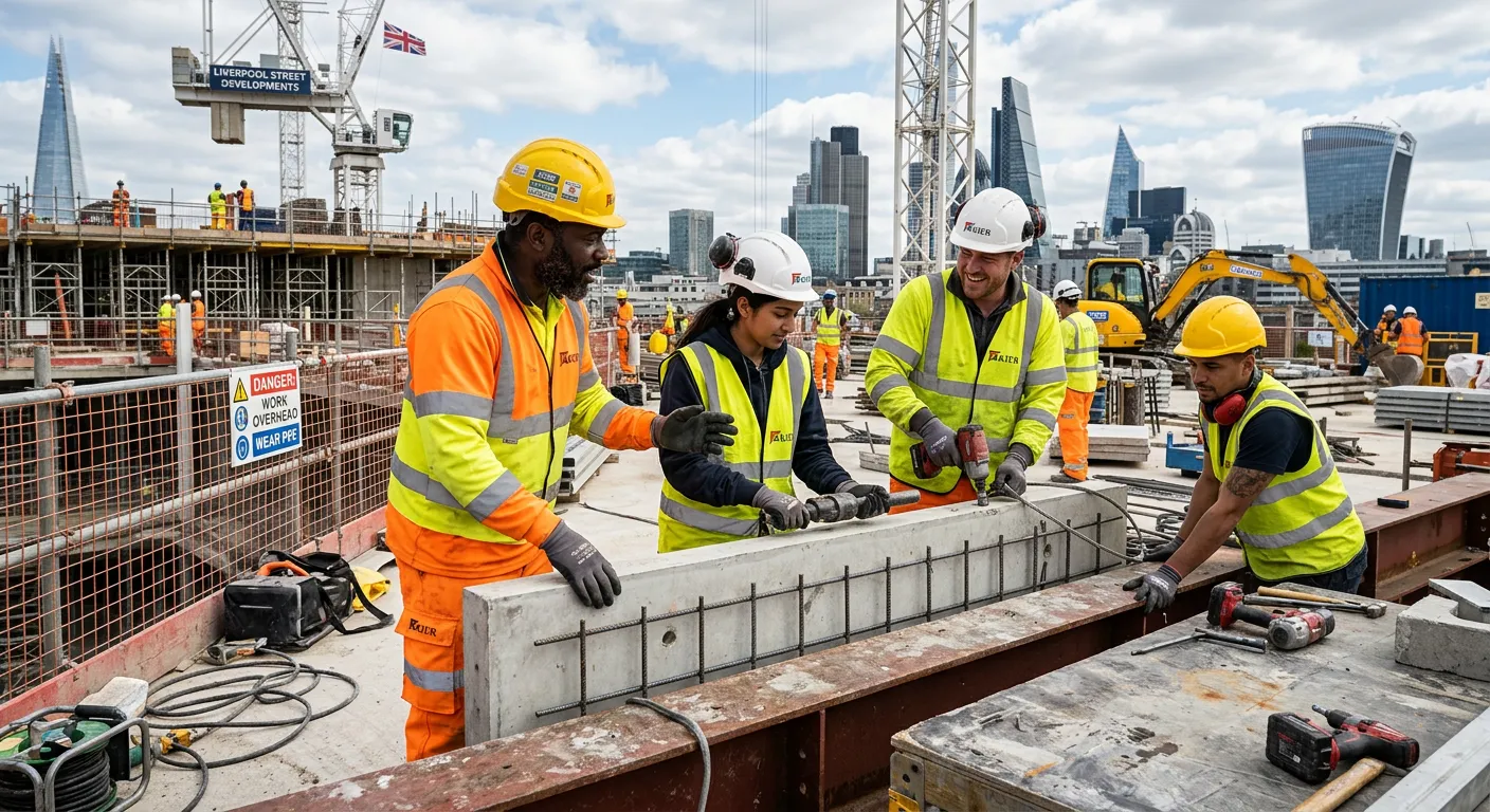 A dynamic, professional photograph of a diverse team of CSCS-certified labourers on a busy London construction site, collaborating on a task. The mood is industrious, professional, and energetic, showing modern safety gear and a well-maintained site.