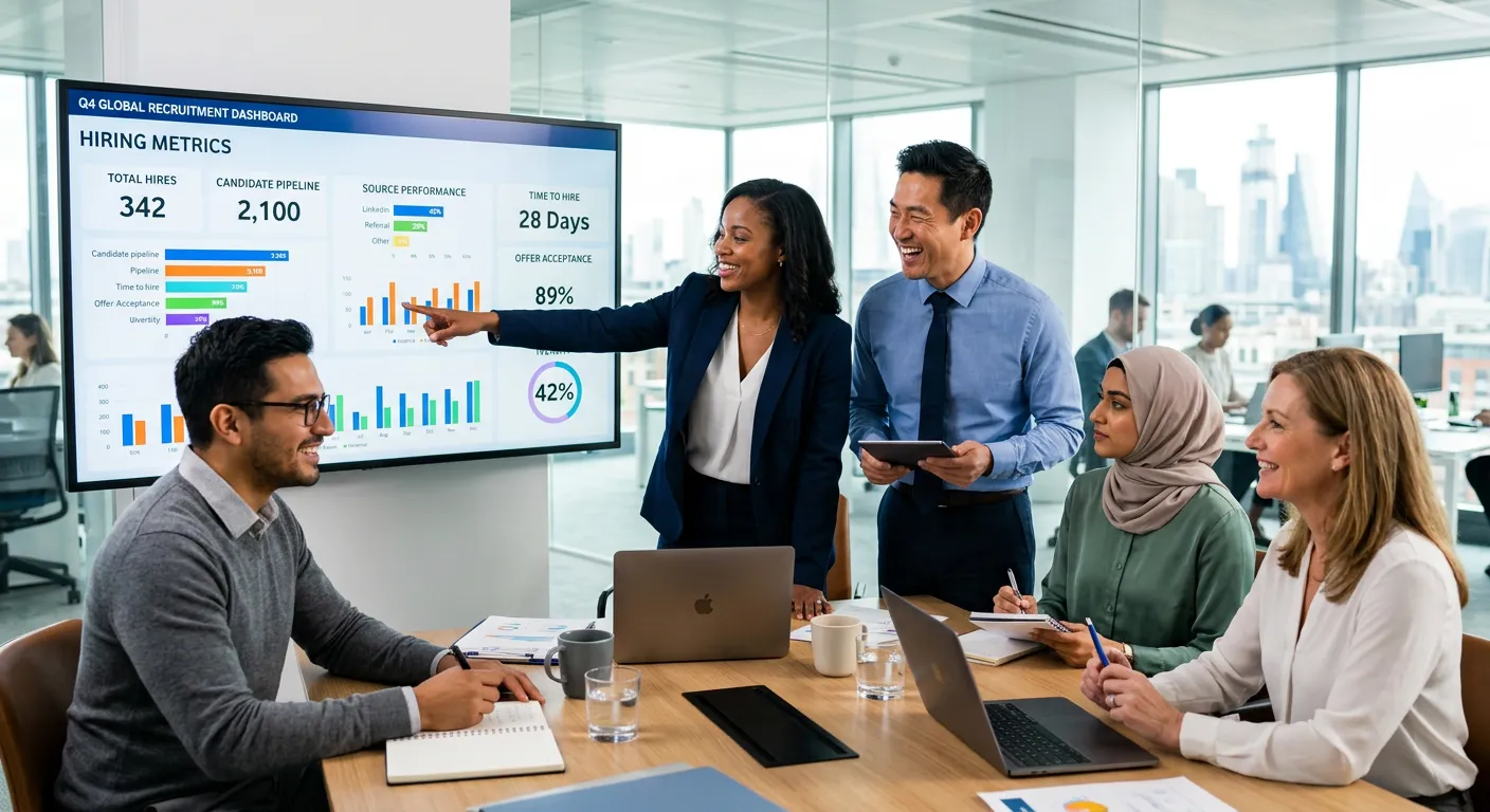 Modern, professional hero image showing a diverse group of business professionals in a collaborative... Modern, professional hero image showing a diverse group of business professionals in a collaborative meeting, with one pointing to a data dashboard showing hiring metrics. Style: Bright, optimistic, high-resolution. Mood: Strategic, successful, and forward-thinking.