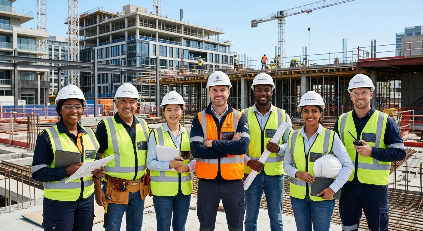 A modern, diverse group of construction and industrial professionals smiling confidently, standing on a bright, well-organized construction site or in a modern office. Style: High-resolution, professional, aspirational. Mood: Dynamic, successful, and collaborative.