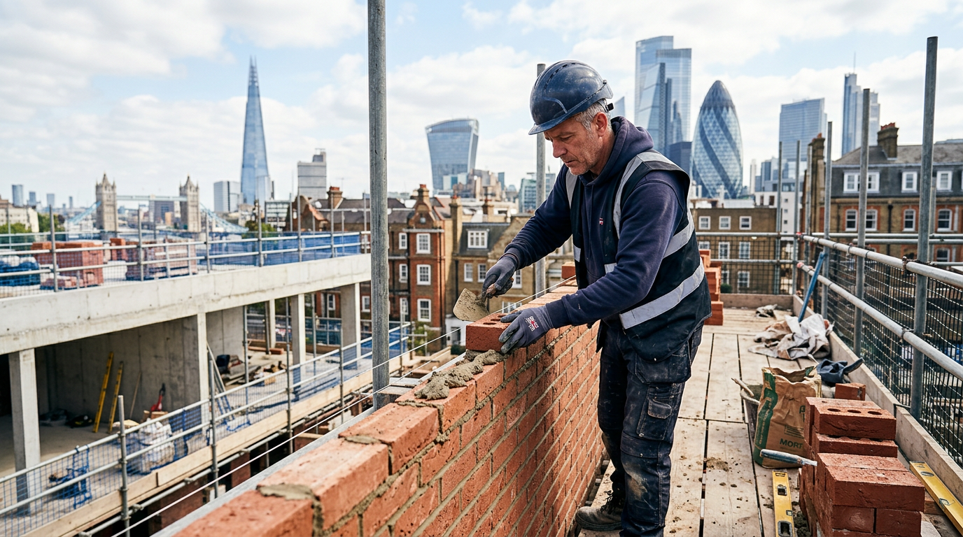 Hero image of a professional bricklayer in London, skillfully laying bricks on a modern residential project, with iconic London architecture in the background. Style: professional, inspiring, high-quality.