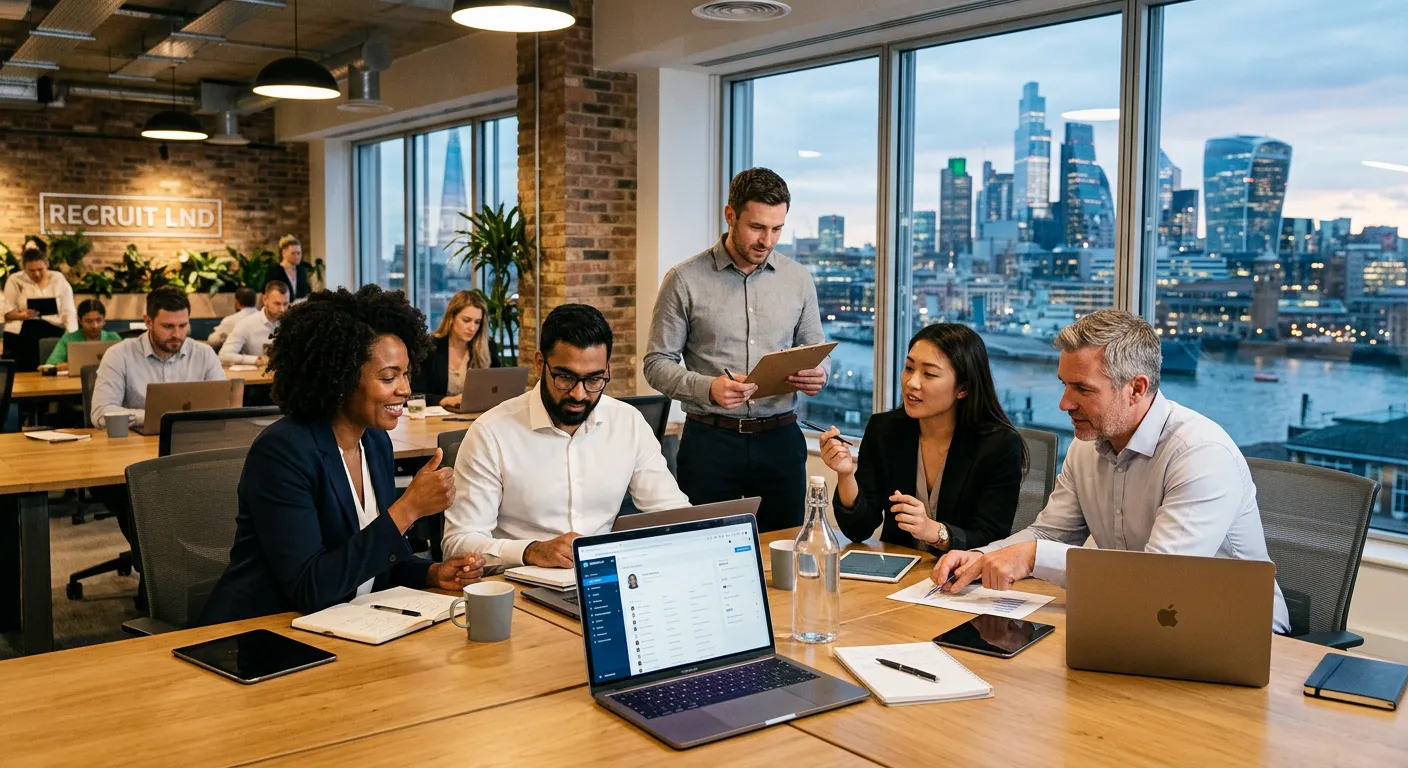 A professional, diverse group of recruitment consultants and HR professionals working collaboratively in a modern London office, with the London skyline visible through the window. Style: authentic, professional, vibrant.