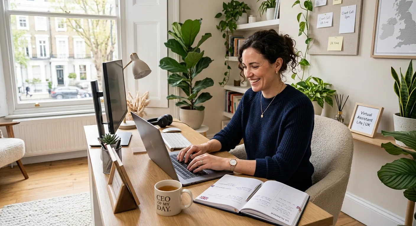 A modern, aspirational image of a professional woman working happily as a virtual assistant from a stylish home office in the UK, with a laptop, planner, and plants, natural daylight