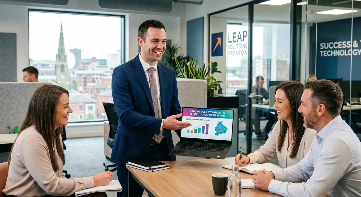 A professional, confident IT salesperson in a modern office environment in Preston, smiling while presenting on a laptop to colleagues. The mood is energetic and successful, with a focus on technology and business growth.