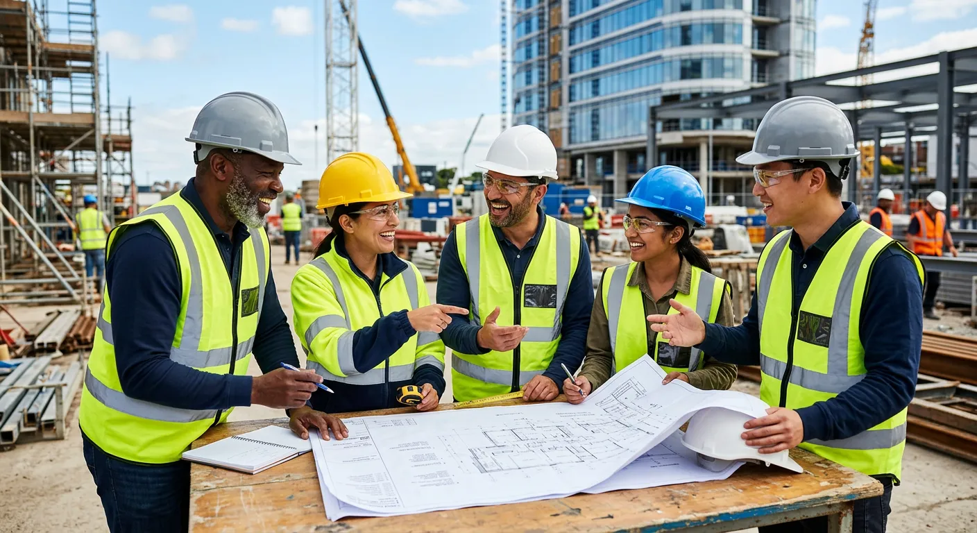 A diverse group of modern construction and industrial professionals collaborating on a blueprint, smiling confidently. Professional, vibrant, and dynamic mood.