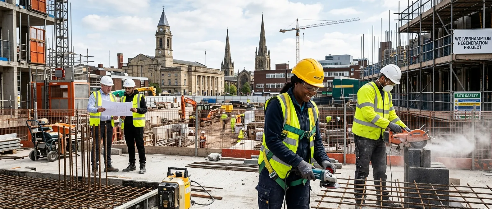 A professional, dynamic hero image showing a diverse team of construction workers on a Wolverhampton building site, wearing PPE and engaged in skilled work. The Wolverhampton skyline or a local landmark like the Civic Hall should be visible in the background. Style: Authentic, professional, action-oriented. Mood: Busy, productive, local.