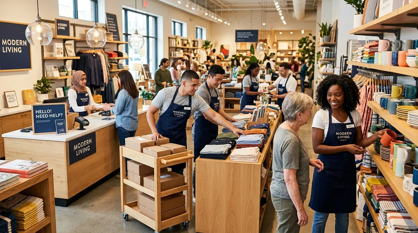 A dynamic, professional hero image showing a diverse group of retail staff in a modern store environment, assisting customers and stocking shelves. The mood is energetic, efficient, and welcoming.