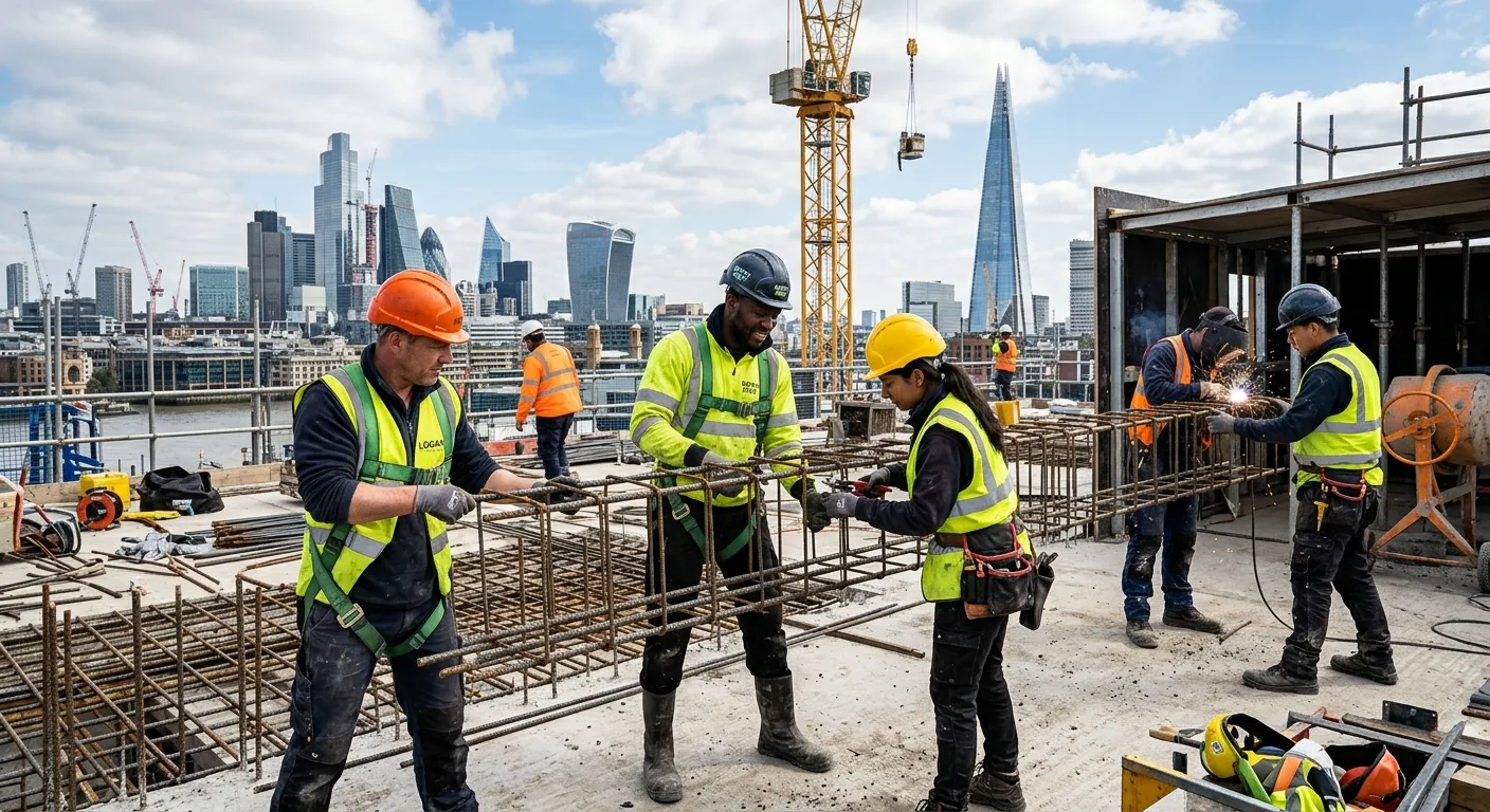 A professional, dynamic hero image showing a diverse team of construction labourers working collaboratively on a London building site, with modern city skyline visible in the background. Bright daylight, professional photography style.