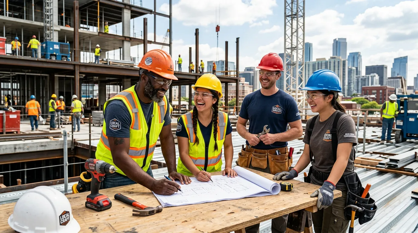 A dynamic, professional hero image showing a diverse group of skilled labourers on a modern construction site, smiling and collaborating. The image should convey energy, opportunity, and local community. Style: high-resolution, vibrant, professional photography.