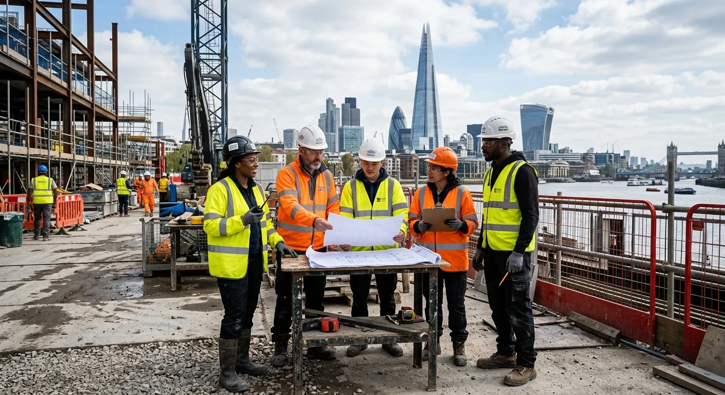 A diverse group of reliable labourers on a busy London construction site, wearing hi-vis vests and hard hats, looking engaged and professional, with iconic London skyline in background.