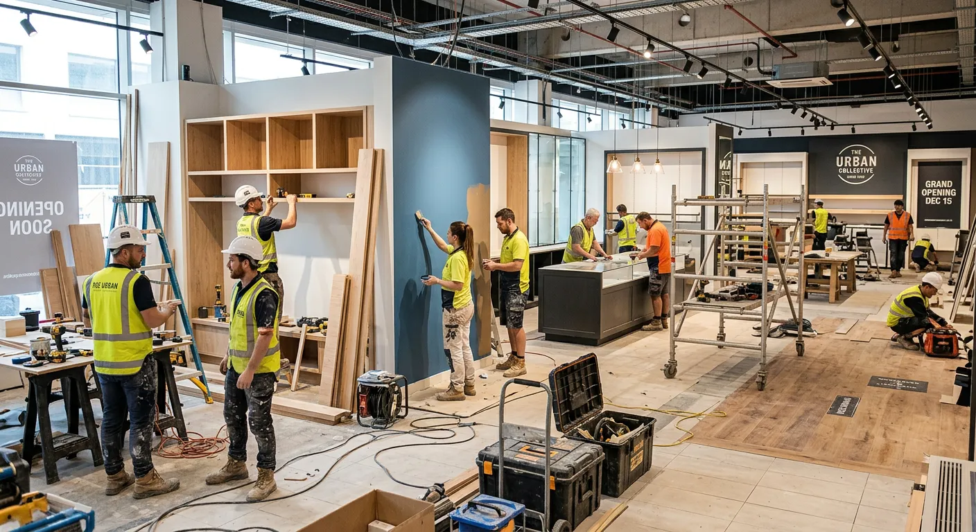 A bustling retail store refurbishment site with temporary tradespeople working collaboratively on finishing touches