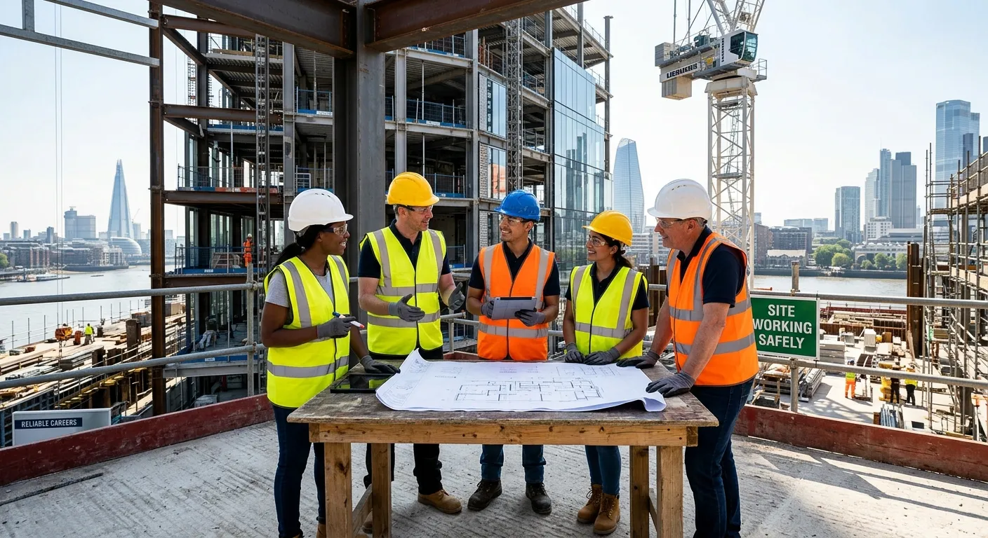 A diverse group of professional construction and industrial workers collaborating on a modern building site, wearing high-visibility gear and safety helmets, symbolizing reliable talent sourcing. Mood: Professional, energetic, and trustworthy.