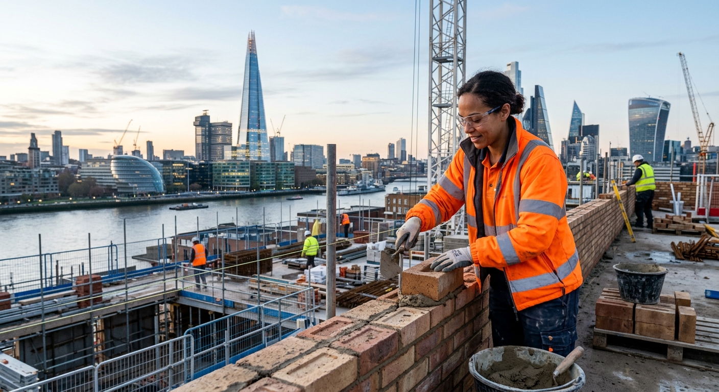 A professional bricklayer in high-visibility clothing, expertly laying bricks on a modern London construction site with iconic cityscape buildings like The Shard visible in the background. Style: Photorealistic, professional, inspiring mood.