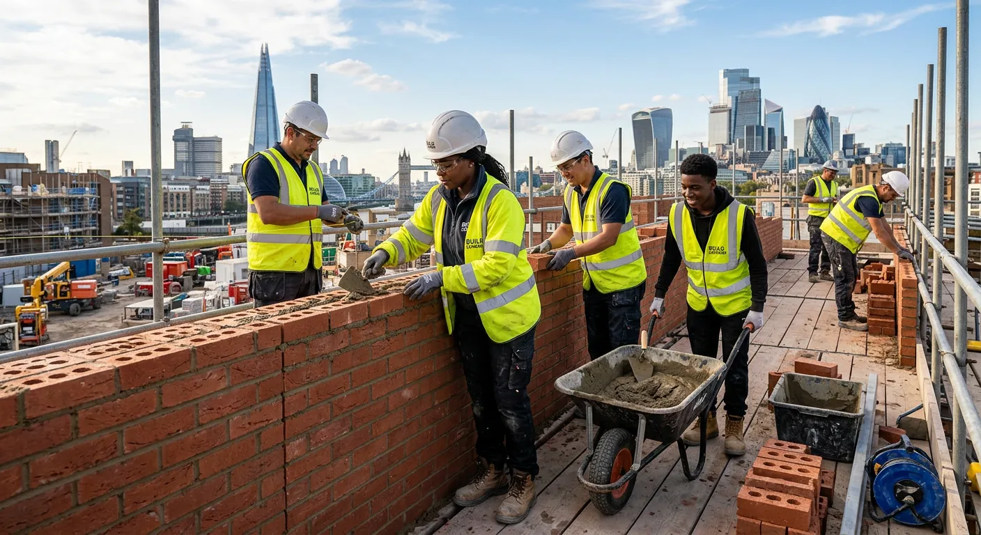 A professional, diverse team of bricklayers and labourers actively working on a modern London construction site, showcasing teamwork and skill, with a clear blue sky and London landmarks subtly in the background.