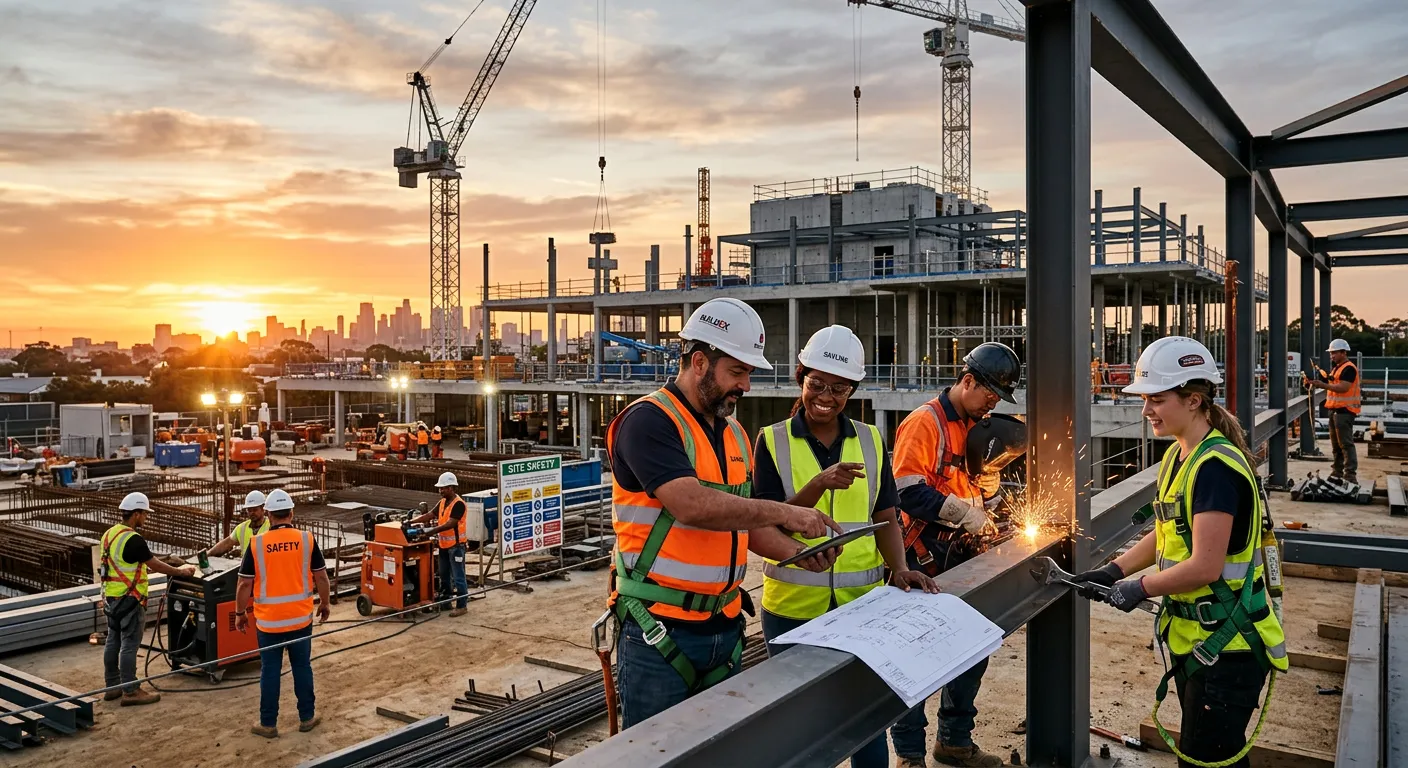 A high-energy, professional construction site at sunrise, featuring a diverse team of skilled workers in high-visibility vests collaborating on a modern building project. The mood is productive, safe, and forward-looking.
