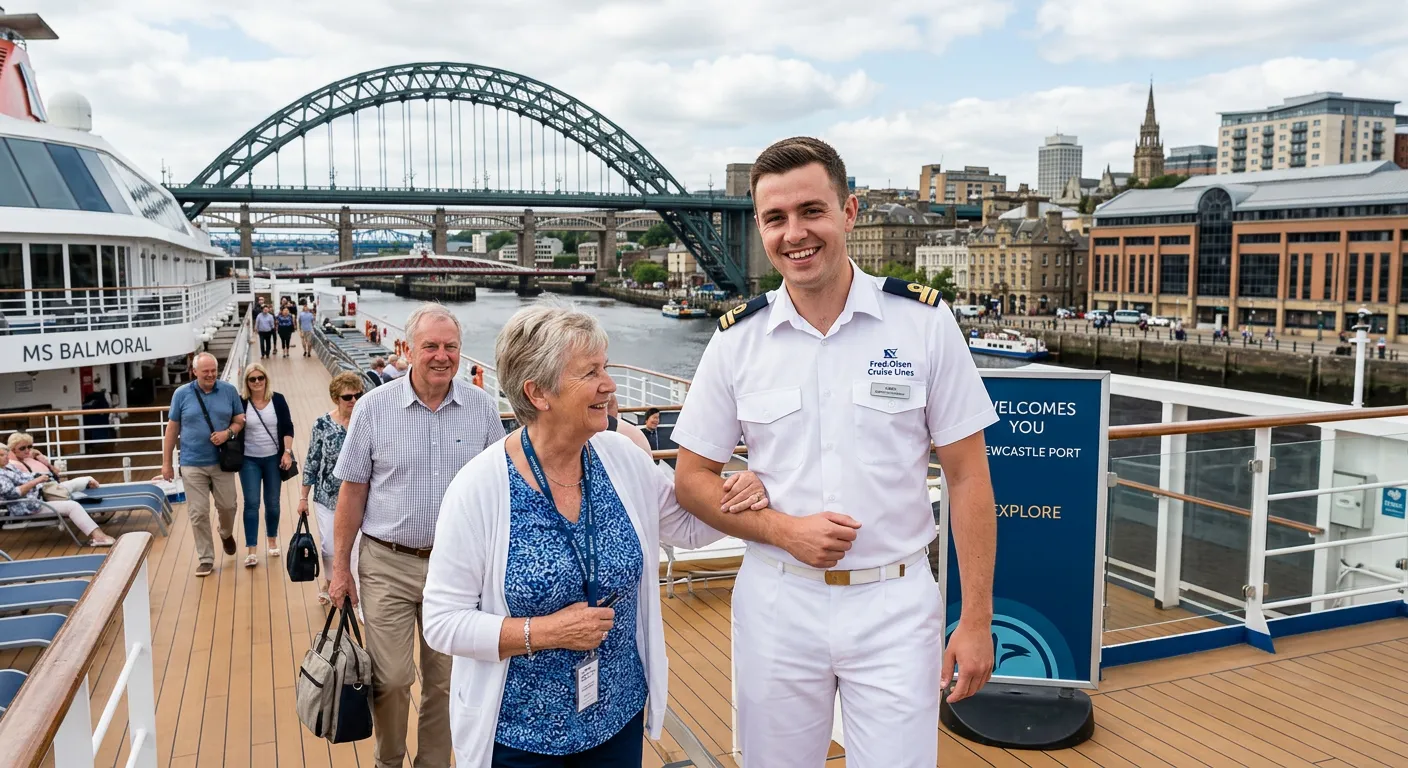 A professional, high-quality photo of a friendly Cruise Ship Attendant in a crisp uniform, smiling and assisting guests on a modern ship deck. The Tyne Bridge and Newcastle skyline are subtly visible in the background, establishing the local connection.