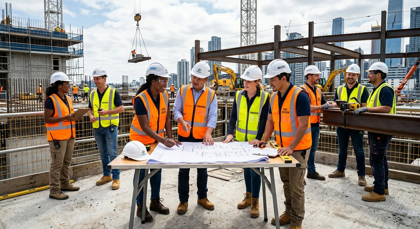 Modern, diverse group of construction professionals in high-visibility vests collaborating on a building site, looking confident and skilled. Style: professional, high-resolution, vibrant. Mood: productive, reliable, and forward-looking.