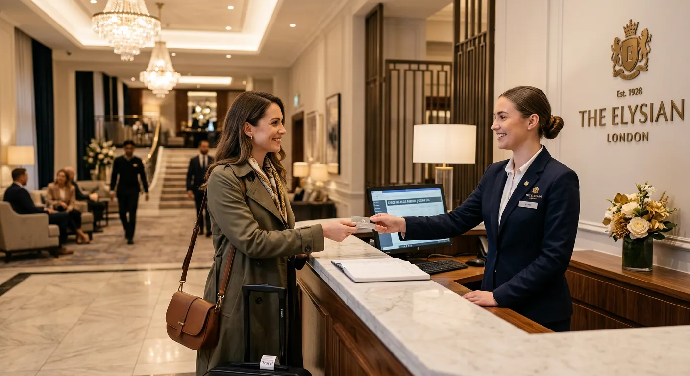 A modern, professional hotel reception in a luxury London hotel. A sharply dressed receptionist smiles warmly at a guest, with a blurred lobby background showcasing elegance and efficiency. Style: professional, high-end, warm lighting.
