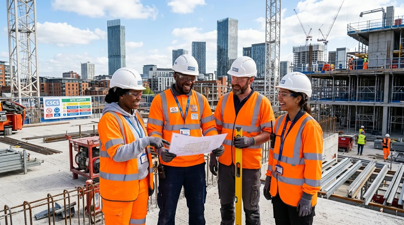 Professional hero image showing a diverse team of CSCS-labourers on a modern construction site in Manchester, smiling and collaborating safely with high-vis gear, with Manchester skyline visible in background, bright and optimistic mood