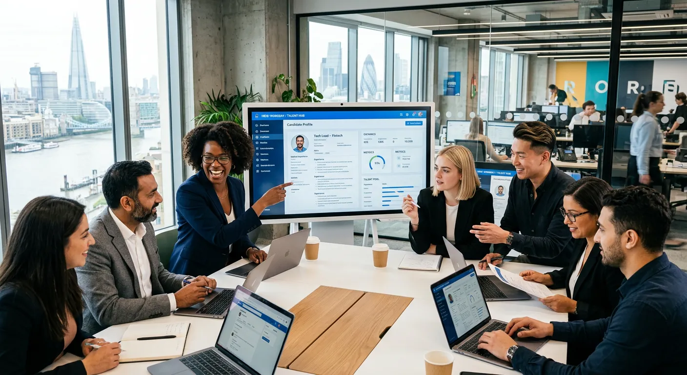 A professional, diverse group of recruitment consultants and HR professionals in a modern office setting in <location>, collaborating and reviewing candidate profiles on screens. Style: Bright, professional, and energetic office environment.