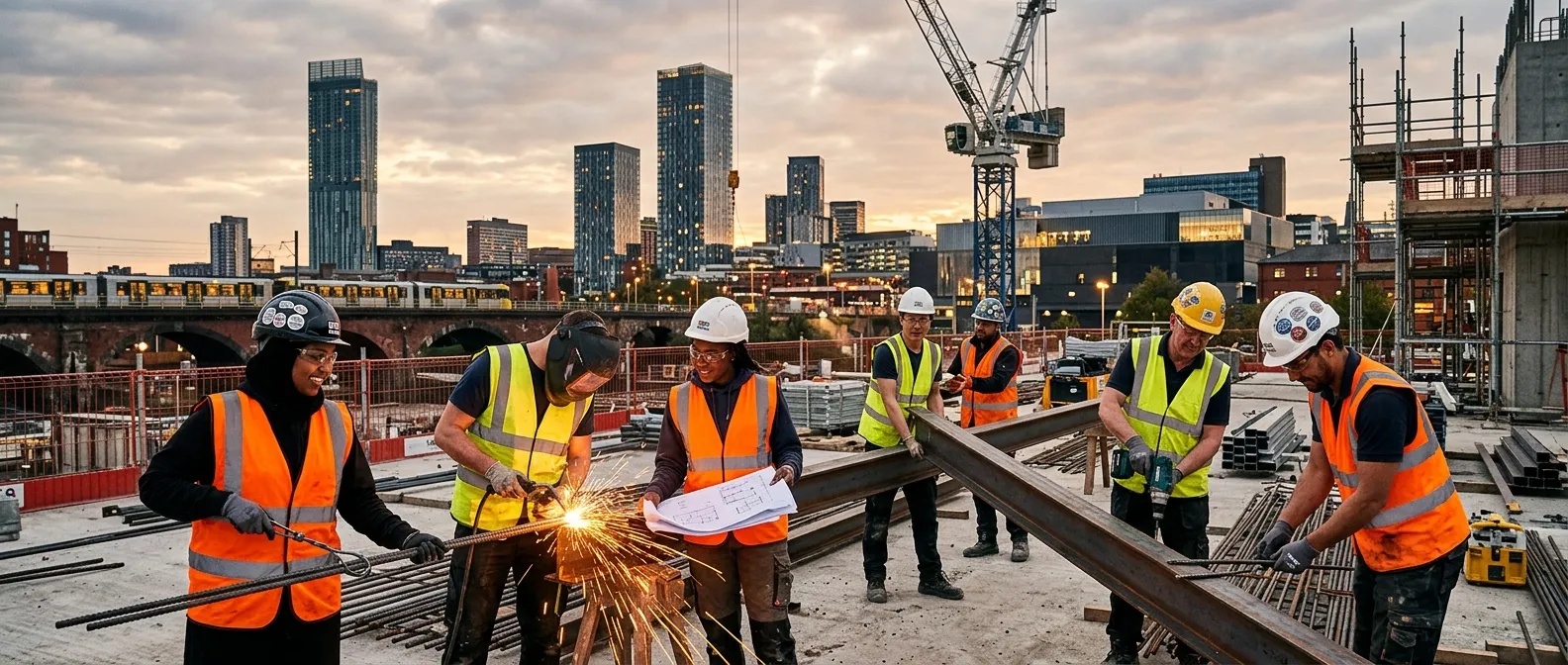 Professional hero image showing a diverse group of labourers in high-visibility vests working collaboratively on a modern construction or industrial site in Manchester, with the city skyline visible in the background. Style: Authentic, action-oriented, professional. Mood: Energetic, reliable, and industrious.